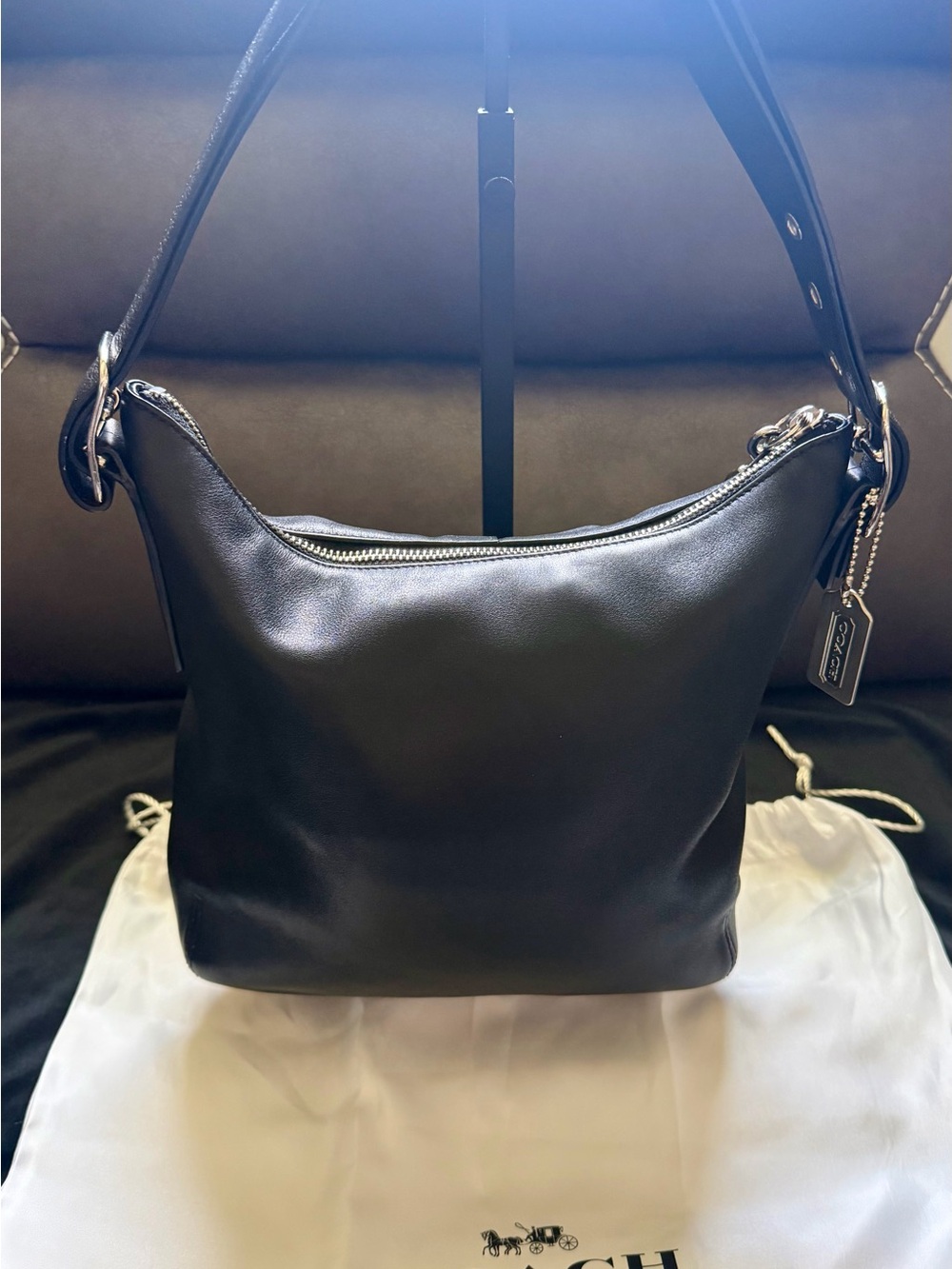 Coach Black Leather Shoulder Hobo Bag with Silver Hardware